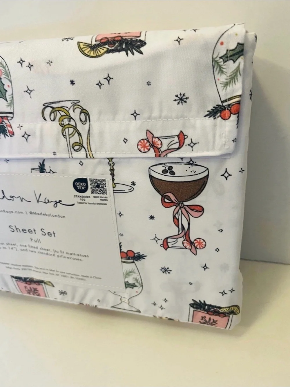 London Kaye Full Size White Sheet Set Deck the Cocktails Candy Cane Peppermint